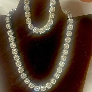 Cluster Floral Cubic Zircon Necklace & bracelet 9mm Iced Out Bling CZ Silver 18”